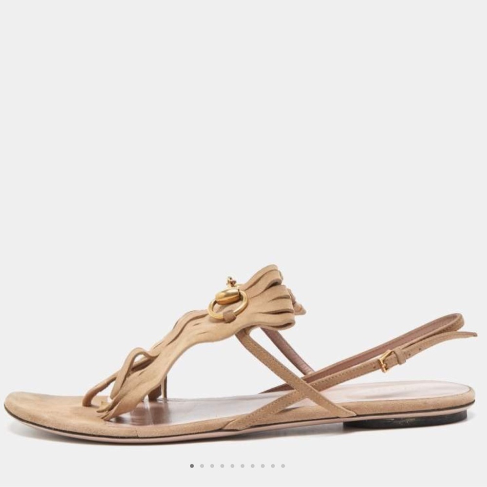 Gucci Gucci Beige Suede Becky Fringe Flat Sandals Size 38